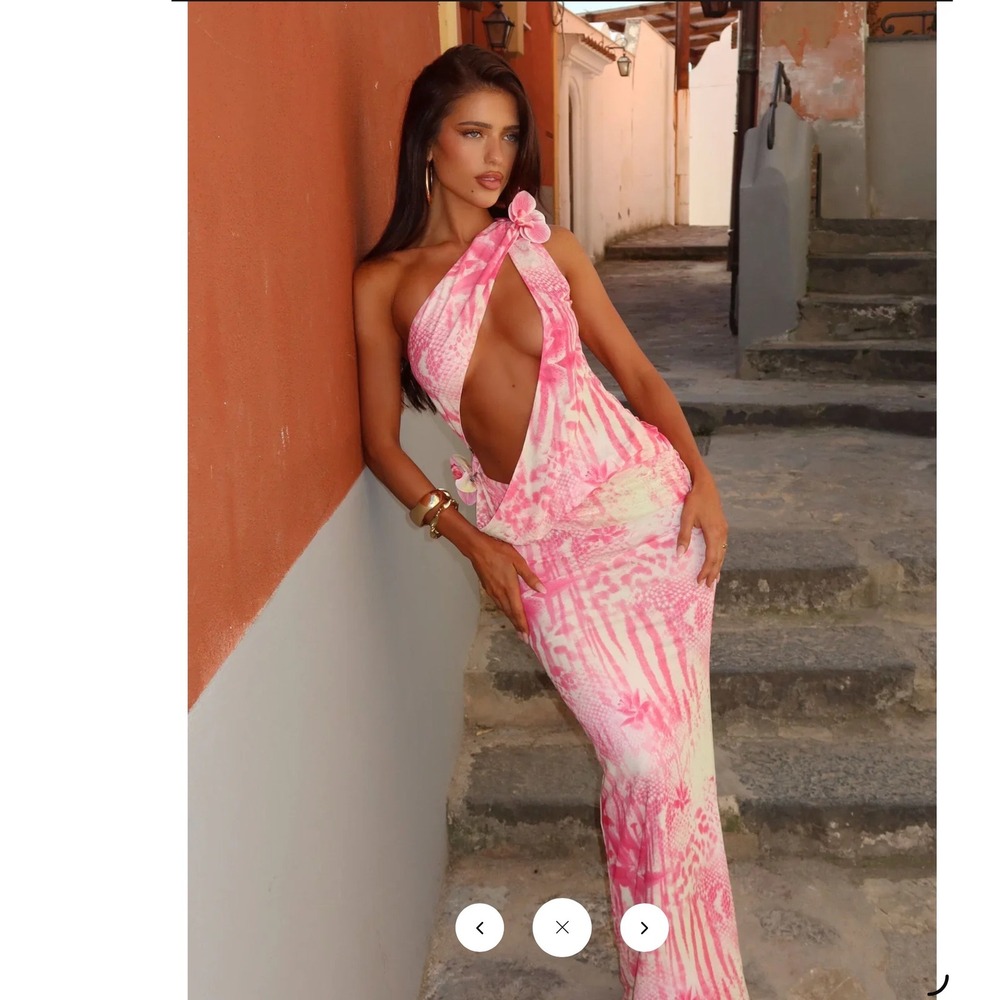 Outcast Shar Maxi Dress Women XL Pink Luella Snake Print Cut Out One Shoulder